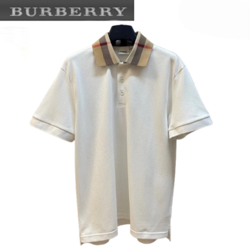 BURBERRY-03177 버버리 화이트 체크 디테일 폴로 티셔츠 남성용