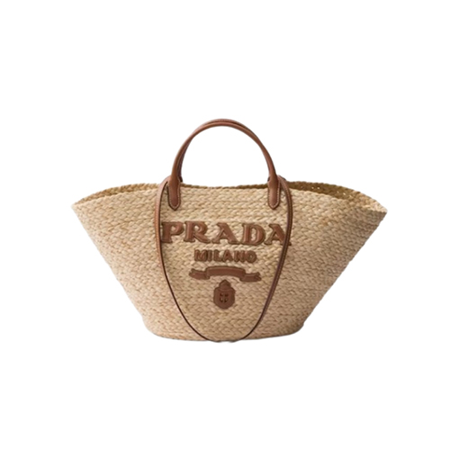 PRADA-1BG470 프라다 베이지/코냑 라지 라피아 가죽 쇼핑백