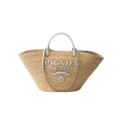 PRADA-1BG470 프라다 베이지/화이트 라지 라피아 가죽 쇼핑백