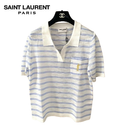 SAINT LAURENT-07266 생 로랑 화이트/블루 스트라이프 폴로 티셔츠 여성용