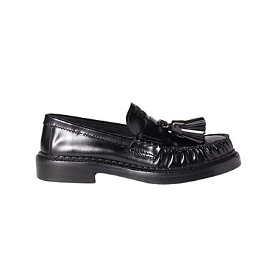 MIUMIU-5D497E 미우미우 블랙 폴리시드 가죽 테슬 로퍼